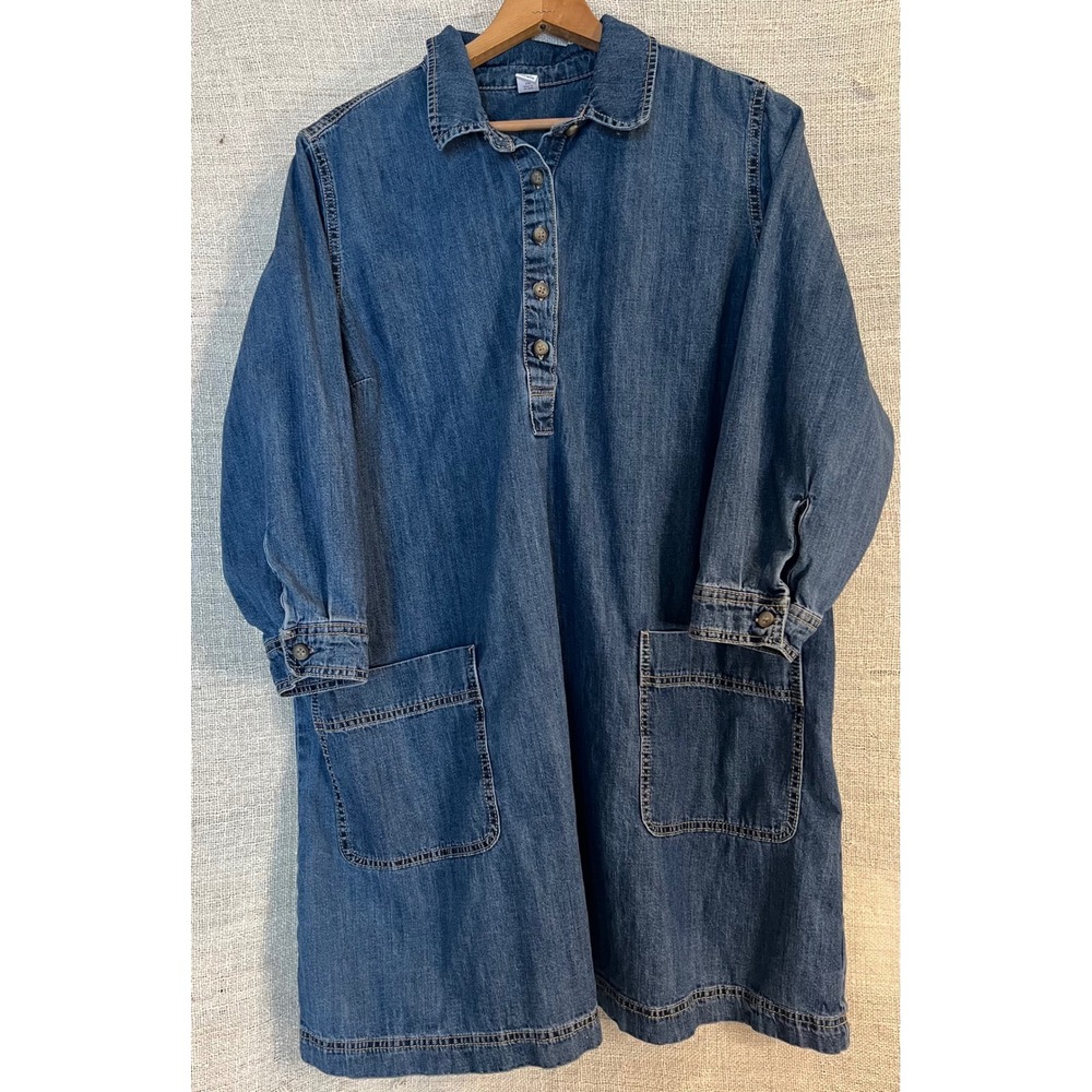 Denim Shirt Dress Womens XXL Blue Long Sleeve Patch Pockets Cotton Western